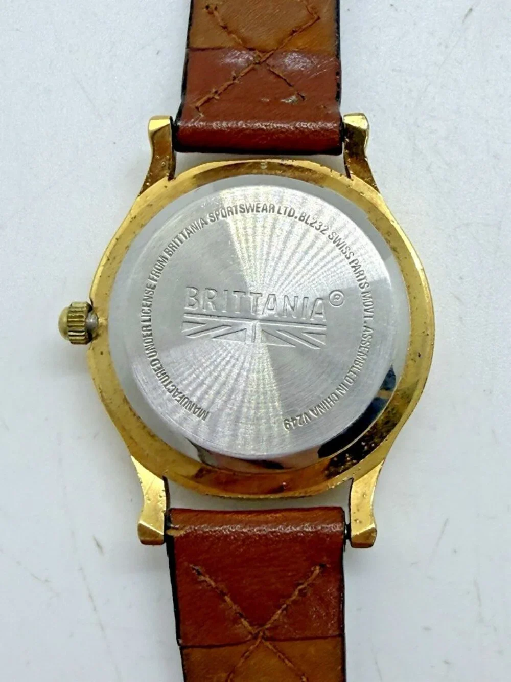 Vtg Brittania Moon Phase Quartz Watch BL232 Gold Tone Date Brown Leather Band